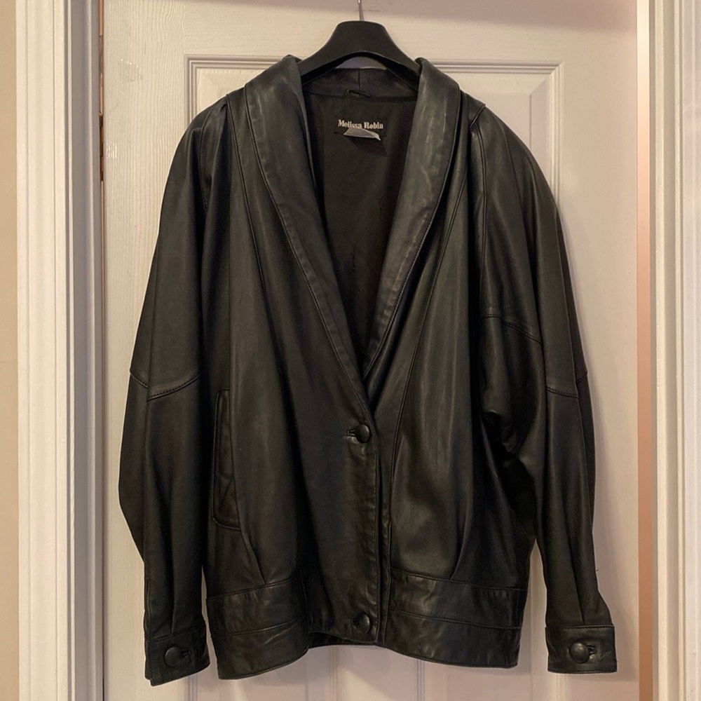Woman’s black leather jacket, size M, bomber style